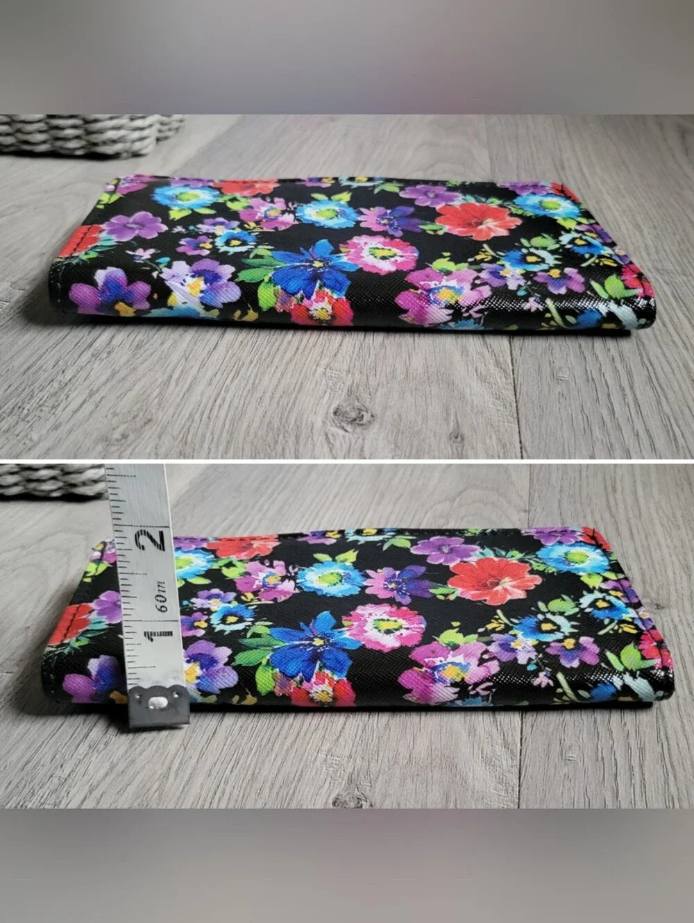 Black Floral Pink & Blue Slim Cardholder Wallet + Zippered Back Pocket, 7